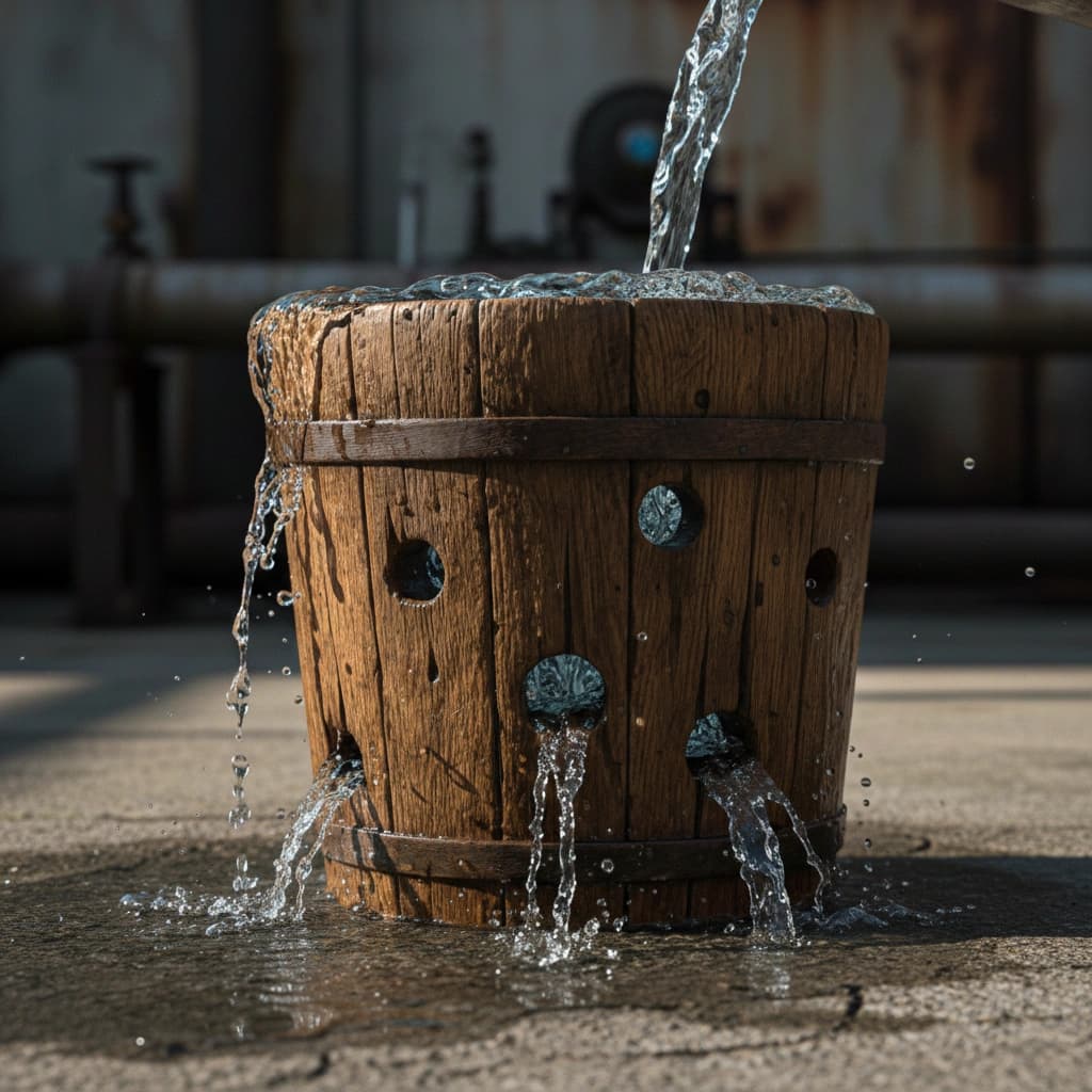Leaking wooden bucket with water draining through holes while more water pours in from above
