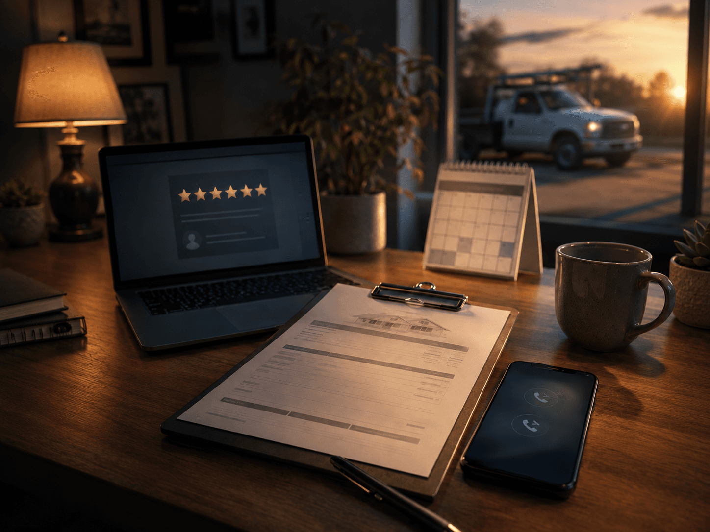 Contractor's clipboard estimate and silent phone on workbench in afternoon light