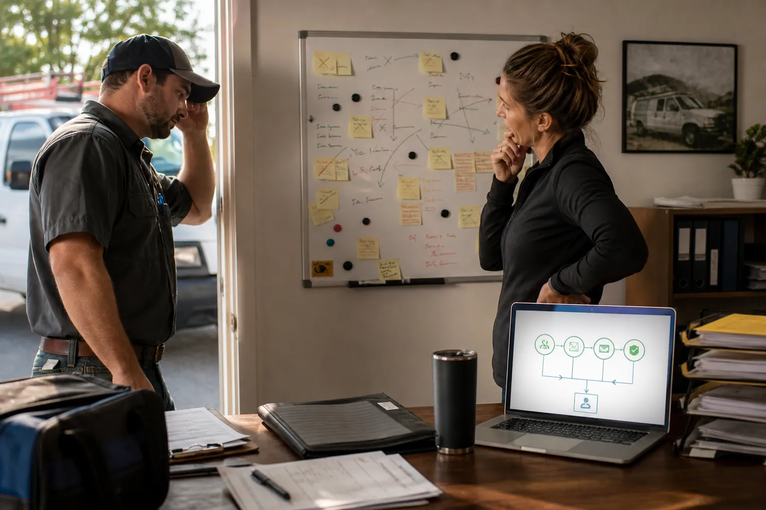 Home service team comparing a messy review request process with a clean follow-up workflow