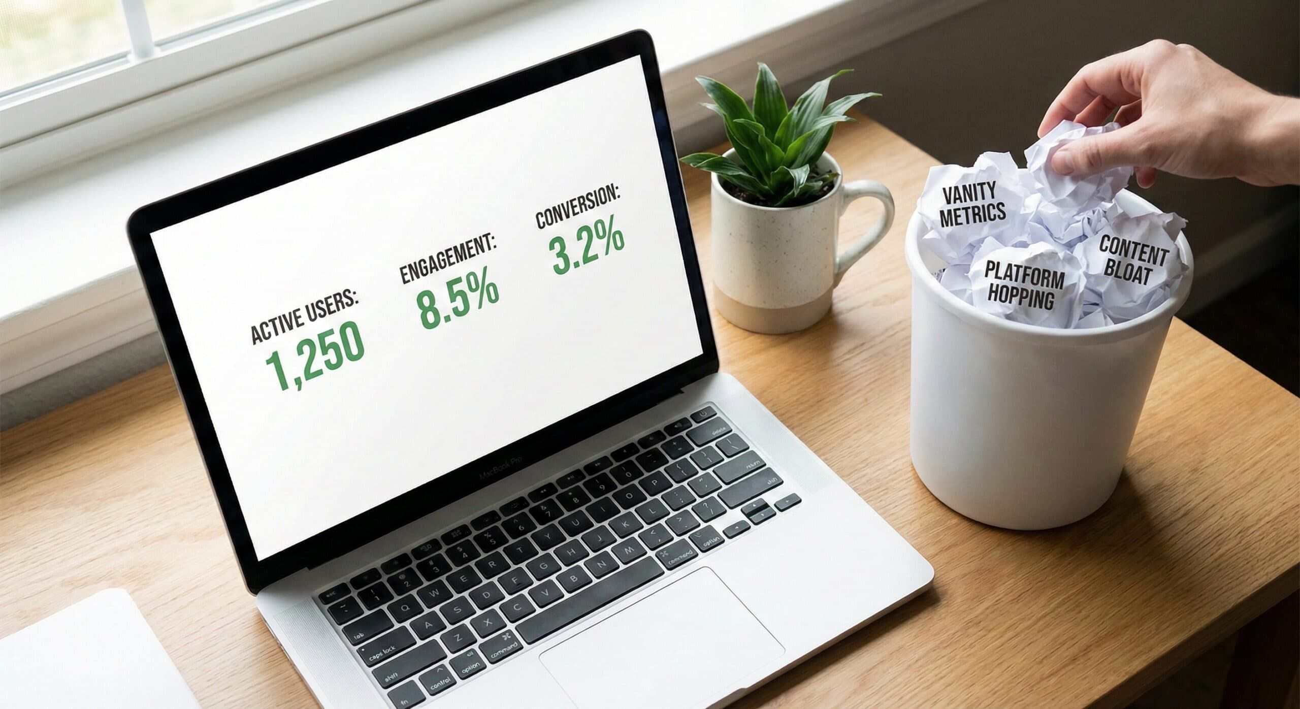 Minimalist workspace with focused metrics dashboard and discarded marketing buzzwords in waste bin