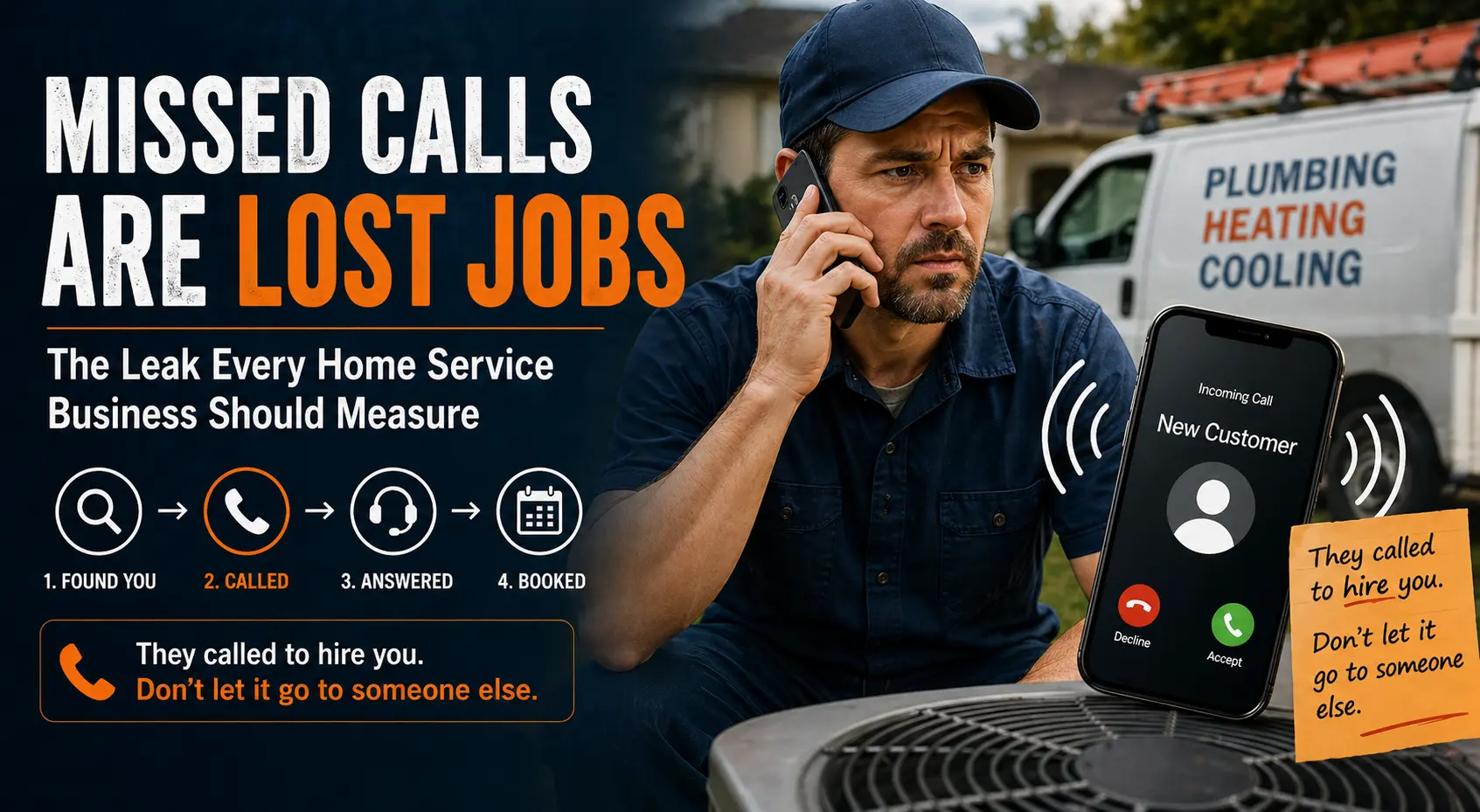 Home service technician on a phone beside a work van, with a large incoming customer call graphic and the message “Missed Calls Are Lost Jobs.”